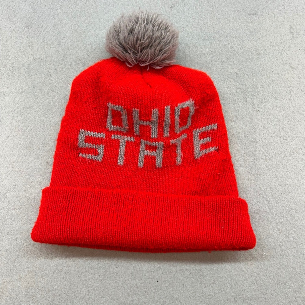 Vintage Ohio State Buckeyes Red Knit Pom Beanie Hat OSU NCAA Football Cap